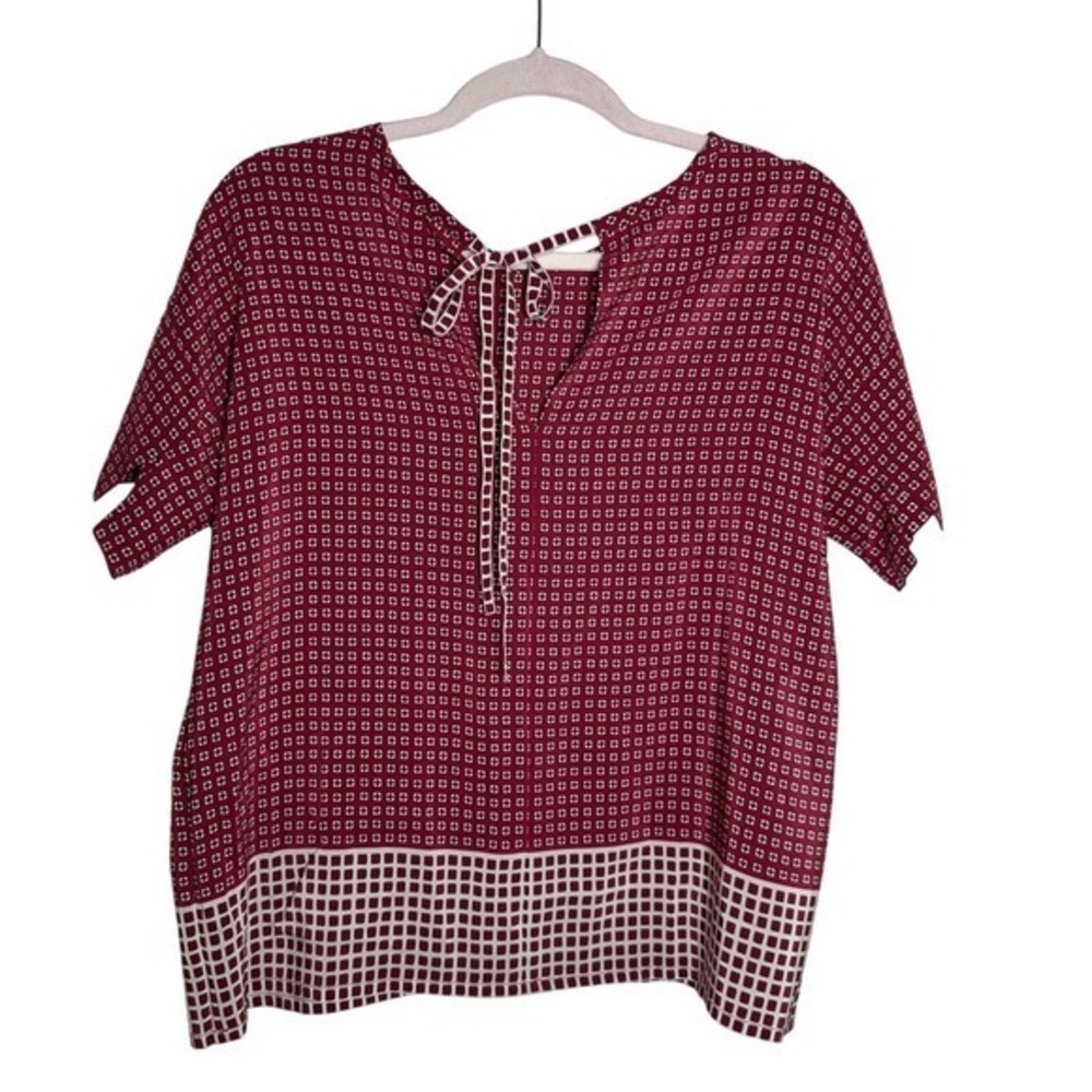 Madewell 100% Silk Bow Back Geometric Blouse Burgundy XS - Picture 3 of 6